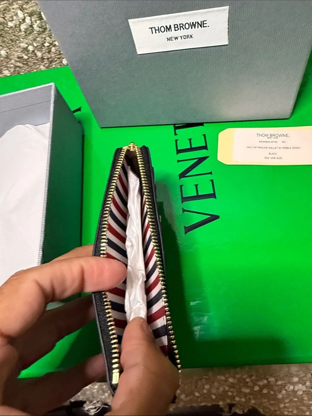 Thom Browne Black Leather Card Case with Red White Navy Stripe